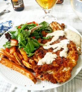 kycklingschnitzel med sötpotatispommes öl schnitzel sötpotatis