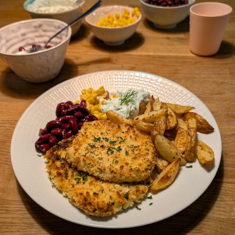 Halloumi Schnitzel klyftpotatis tzatziki färksa örter